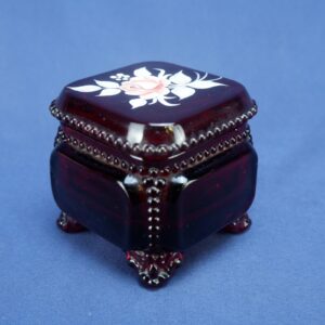 1979 Westmoreland Glass Ruby Red Trinket Dish with Hand Painted Floral -Signed