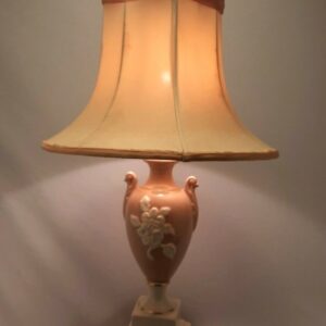 Vintage 1950's Pink Ceramic Lamp with Embossed Floral Design and Beige Shade