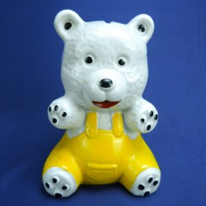 Glazed Ceramic Country Bear Coin Bank in Yellow Overhauls 6-1/2" from Brazil