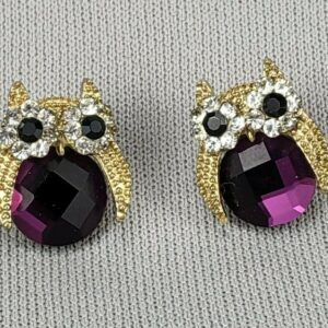 Owl Stud Earrings Women's Gold Tone Purple Gem Body Cubic Zirconia & Black Eyes
