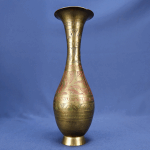 Vintage Brass 8" Vase Floral And Leaf Etched Red Green and Blue Made in India