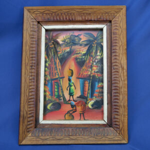 African Village Oil Painting Art Hand Made - Canvas Panel With Hand Carved Frame