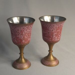 2-5 3/4" Brass Goblets With Silver Plate Inside and Purple and Pink Inlay Finish