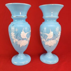 2 Antique Victorian Hand-Blown Hand-Painted Pastel Blue Bristol Art Glass Vases