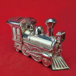 Vintage Silver Plate Locomotive Coin Bank Steam Engine Train Piggy Bank