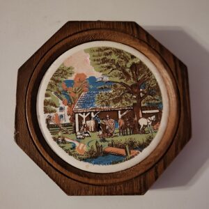 Vintage Currier & Ives Wooden Wall Hanging Plaque American Homestead Autumn 4.5"
