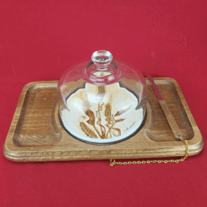 Vintage Goodwood Teak Wood Cheese Tray with Glass Dome & Knife 13 1/2" Wide