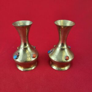 Vintage Handmade Brass Vases with Stone Made in India - Set of 2