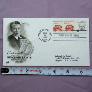 First Day Issue Sinclair Lewis US FDC # 1856 14c-ArtCraft 1985 Newport, RI