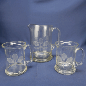 Vintage Hand-Blown Tennis Racket Etched Clear Glass Pitcher & 2 Mug Glasses Set