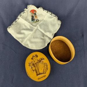 Vintage Slovenian Souvenir Set – Wooden Box and Embroidered Handkerchief
