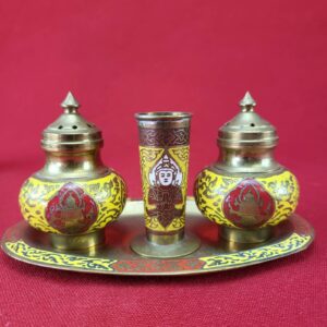 Vintage Brass Salt and Pepper Shaker & Toothpick Holder Set Indian Hindu Buddha