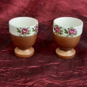 2 NEVCO JAPAN EGG CUPS - Walnut Base & Porcelain China W/Country Cottage Roses