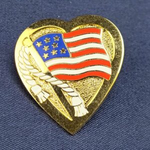 Vintage Heart Shape Red White Blue Gold Tone American Flag Pinback Pin