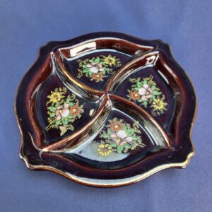 Antique Brown Ceramic Relish Dish with Floral Design - Japan