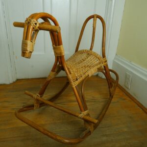 Vintage Franco Albini Wicker & Bamboo Rattan MCM Child Kids Rocking Horse Toy