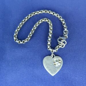 Vintage 925 Sterling Silver Heart Charm Bracelet with Rhinestones