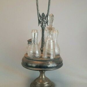 Antique Silver Plate Cruet Set and 5 Frosted Glass Accents Condiment Bottles