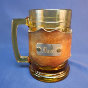 Vintage Amber Glass Mug Beer Drinking Stein Dave Emblem on Faux Leather Wrap