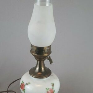 Vintage White Floral Design Electric Lamp With Frosted Chimney