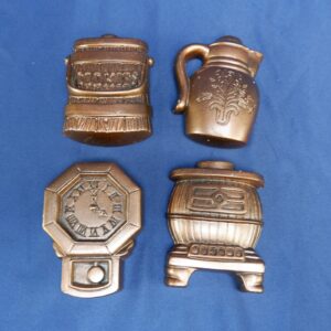 Small Vintage Chalkware Kitchen Decor - Clock, Cookie Jar, Teapot and Stove