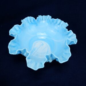 Blue & White Slag Glass Bowl Scalloped Ruffled Edges & Embossed Roses Floral