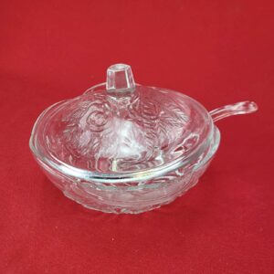 Vintage Cut Glass Lidded Sugar/Fruit Bowl Rose Pattern Clear w/ Glass Spoon