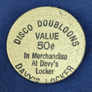 Vintage DISCO DOUBLOONS Gold Painted Wooden Nickel advertisement DAVYS LOCKER