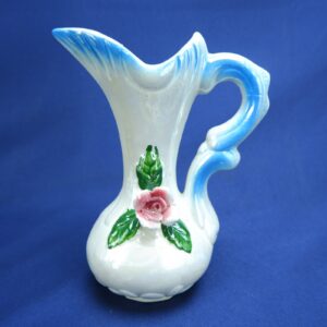 Vintage Iridescent Lusterware Blue Pitcher Vase with Raised Rose Flower 6”