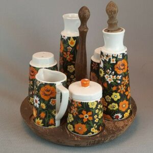 Vintage Hand Painted Napco Ceramic and Wood Condiment Cruet Set C-7927