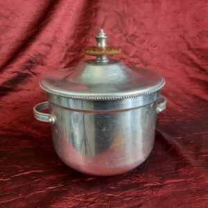 Vintage Buenilum & Pyrex Glass Lined Aluminum Ice Bucket with lid wooden finial