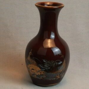 Vintage Ceramic Sato Gardens Brown Bud Vase With Gold Peacocks