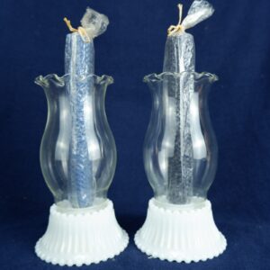 VTG Milk Glass Candle Holders with Glass Chimneys Bee's Wax Candles - Set of 2