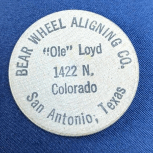 Bear Wheel Aligning Co. San Antonio, Texas Wooden Nickel Advertisement Token