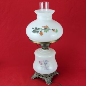 Vintage Hurricane Lamp Hand Painted Floral Design w/ Milk Glass Shade & Chimney