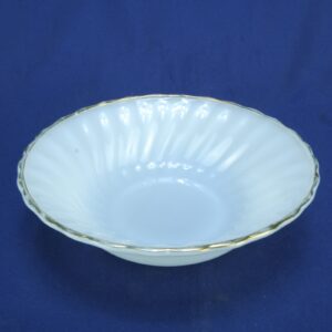 Vintage ANCHOR HOCKING FIRE KING MILK GLASS SERVING BOWL Swirl with Gold Rim 5"