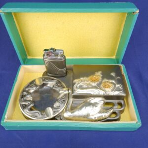 Vintage Mid Century Japan Metal Smoking Set Art Deco Swan Lighter/Ashtray/Holder