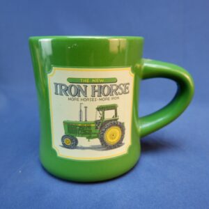 Vintage JOHN DEERE The New Iron Horse Tractor Ceramic Green Coffee Mug Cup