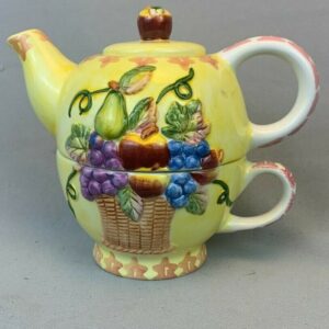 Nantucket Porcelain Tea Pot/Cup for One 3 Piece Set Fruit Basket - Yellow & Pink