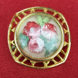Vintage Three-Dimensional Inlayed Floral Epoxy Gold Tone Brooch Pin