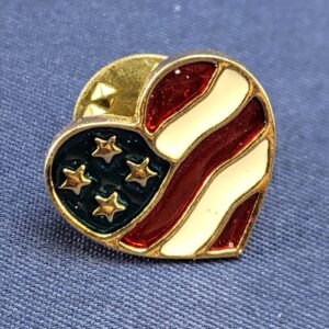 Vintage Heart Shape Red White Blue Gold Tone American Flag Pinback Pin