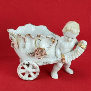 Vintage Angel Cherub Pulling Cart with Flowers - Playing Accordion  Planter Vase