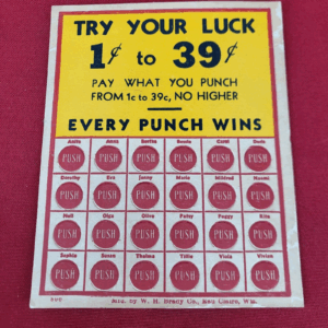 Vintage W. H. Brady TRY YOUR LUCK 1-39¢ Punch Card Game Gambling Party Decor