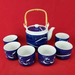 Vintage MCI Japan Blue Ceramic Teapot and Cup Set with White Etched Deer Design