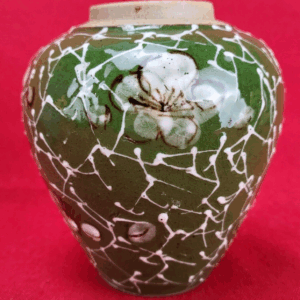 Hand Thrown Studio Art Pottery Round Bud Vase Green w/ White Anemone Poppies