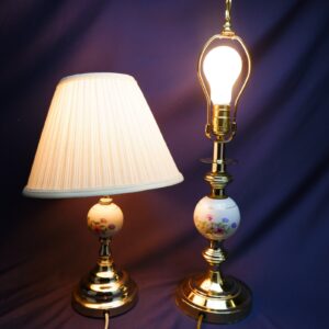 Vintage Floral Porcelain Ball Table Lamps Pair w/ Gold Trim & Metal Bases