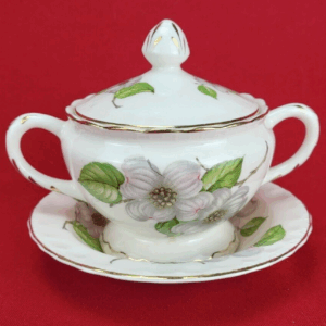 Vintage Pope Gosser China Floral Dogwood Pattern Sugar Bowl W/Lid and Small Bowl