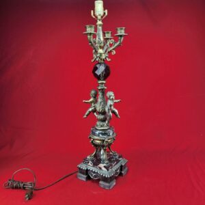 Large Glass Brass & Marble Cherub and Gothic Lamp with Candelabra