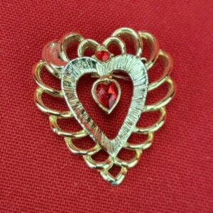 Gold Tone Heart Shaped Brooch Pin with Ruby Red Rhinestone