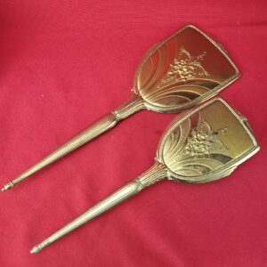 Vintage Gold Tone Brass Ornate Embossed Hand Mirror and Brush Vanity Set